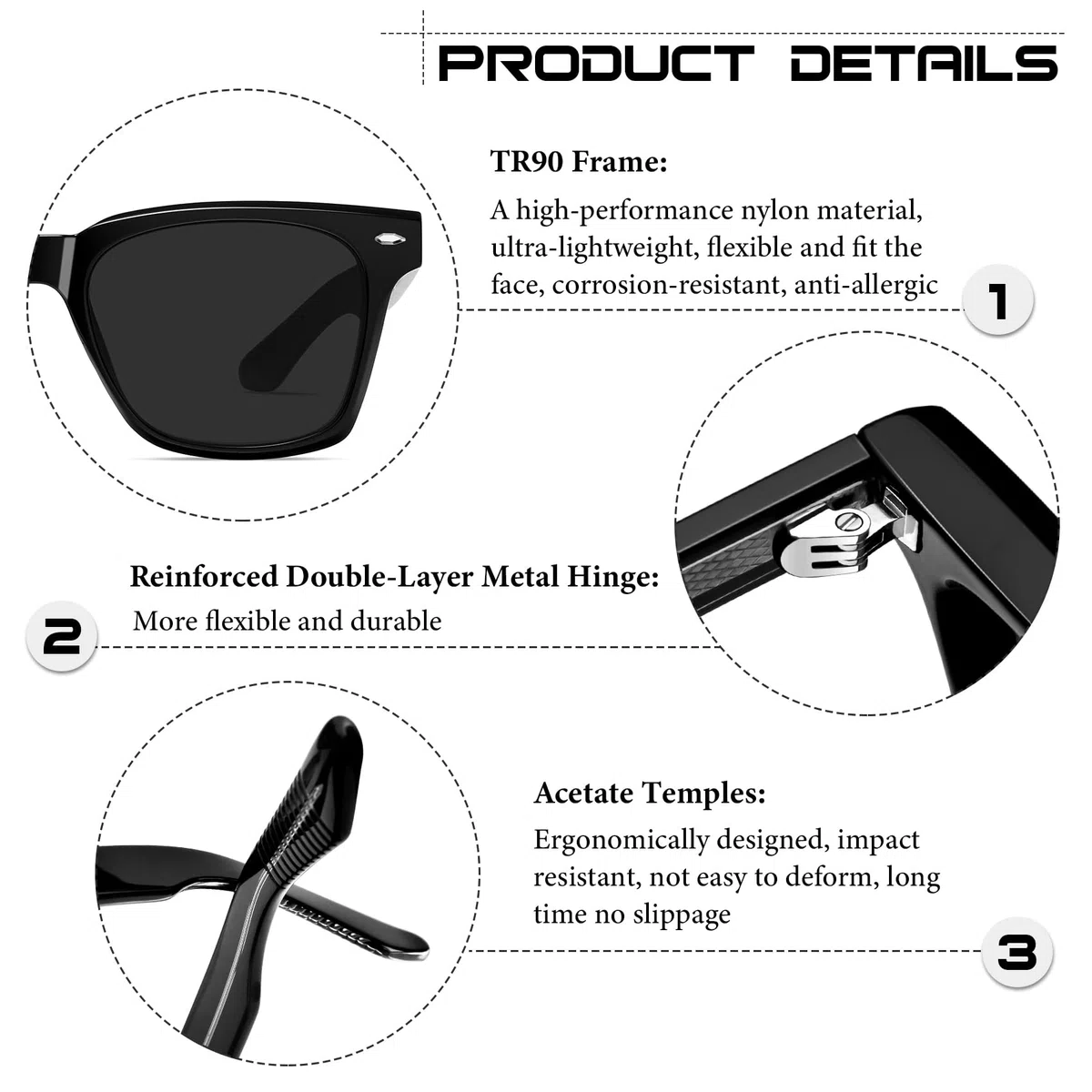KANASTAL Acetato Occhiali da Sole Uomo Donna Polarizzati TR90 con Protezione UV400 Quadrati Vintage Retrò Sunglasses