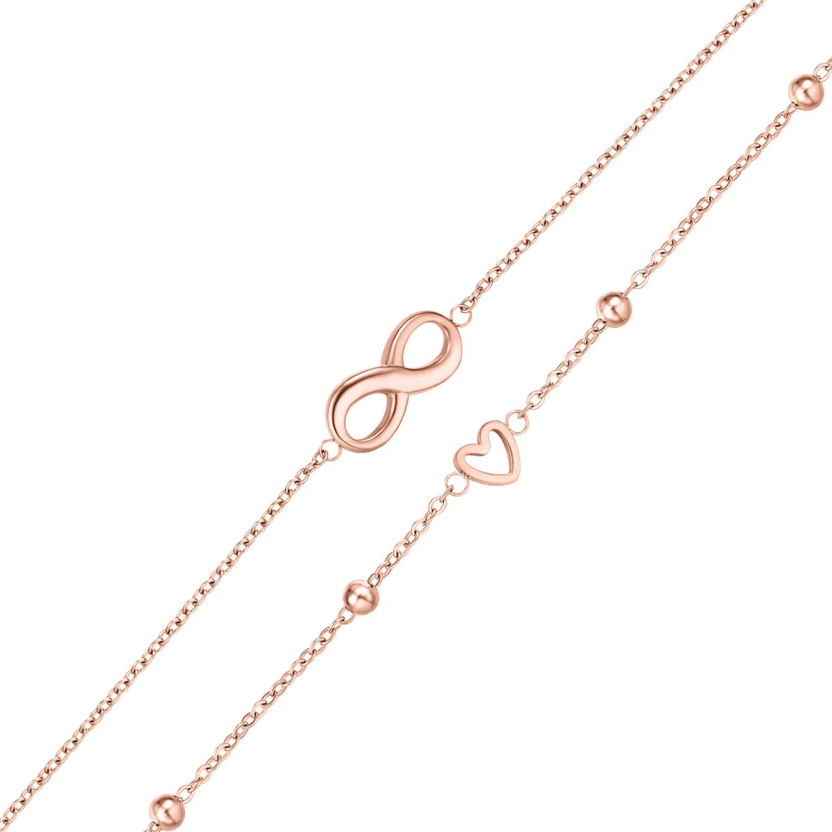 day.berlin cavigliera Alia da donna placcata oro 18k, doppio filo con cuore e simbolo dell'infinito, 22+5cm regolabile, acciaio inox 316L, senza nichel e resistente all'acqua