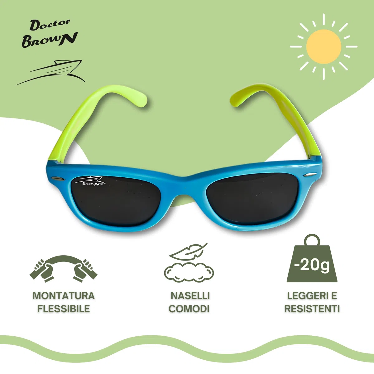 Doctor Brown - Occhiali da Sole per Bambini con Montatura Super Flessibile - Idea regalo adatta a Bambini e Bambine di 3/8 anni - Lenti con filtro scuro di categoria 3 (BLU/VERDE lenti GRIGIE)