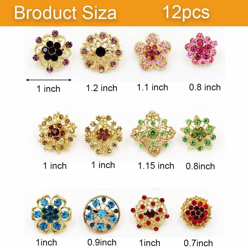 12 Spille Con Bottone In Cristallo, Floriated Spilla, Pin Strass Corpetto, Argento Gioielli Strass Fiore per Gioielli Creazione Nozze Festa Casa Decorazione e Mestiere Fai Da Te