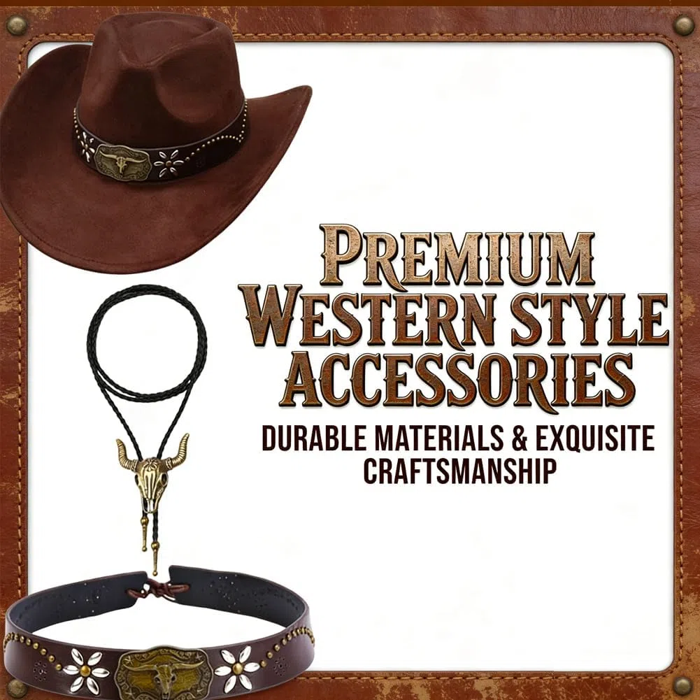 Set Completo Cappello da Cowboy con Collana e Fascia a Teschio di Toro per Costumi Adulti, Feste a Tema, Carnevale, Halloween