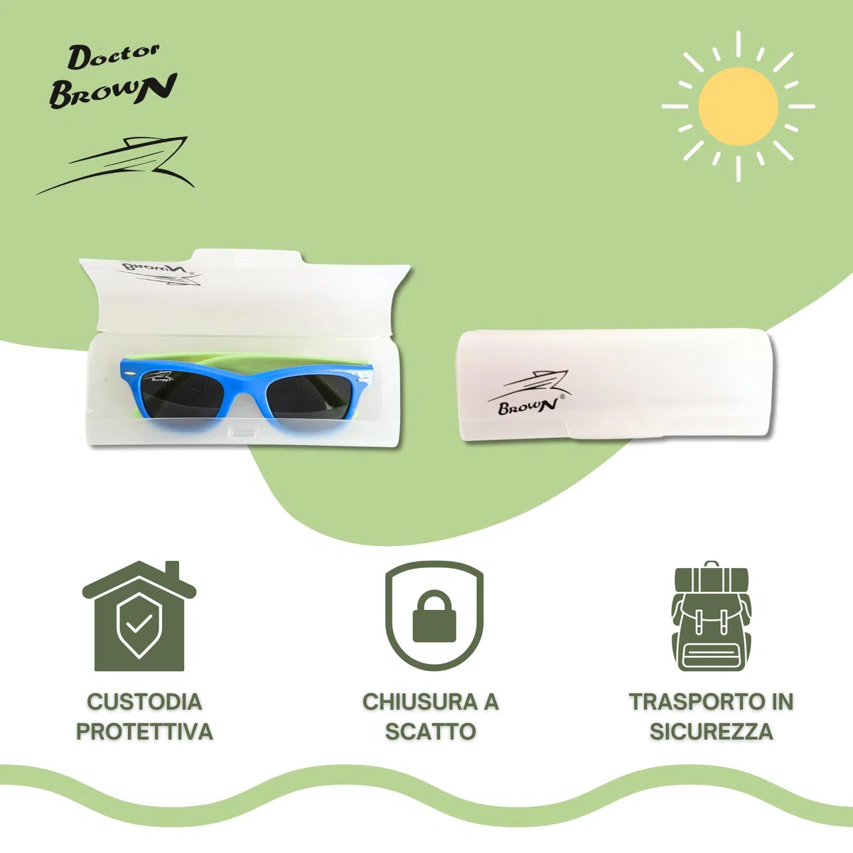 Doctor Brown - Occhiali da Sole per Bambini con Montatura Super Flessibile - Idea regalo adatta a Bambini e Bambine di 3/8 anni - Lenti con filtro scuro di categoria 3 (BLU/VERDE lenti GRIGIE)