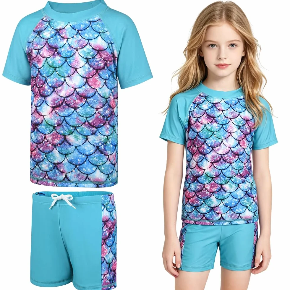 Ragazze Sunwear, 2 Pezzi Costume da Bagno Ragazze Sirena Manica CorteCostume con Maglietta e Pantaloncini, Anti- Rash Guard UV UPF 50+ per Bambina 5-10 Anni