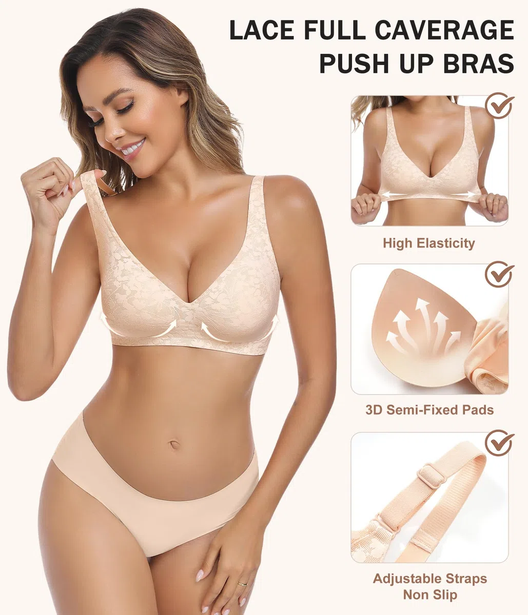 Push Up Reggiseno Senza Ferretto Donna Spalline Regolabili Morbido Imbottito Floreale Pizzo Brassiere Plunge Comodo Bralette per Quotidiano