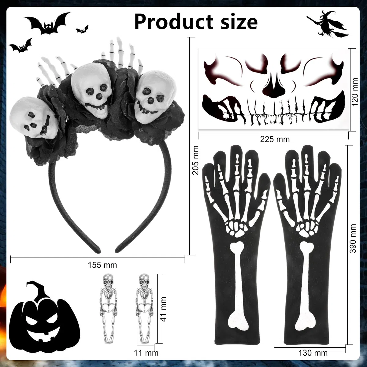 HOWAF Costumi Halloween Donna, Cerchietto Giorno dei Morti, Tatuaggi Viso, Guanti da Scheletro, Orecchini per Dia De Los Muertos