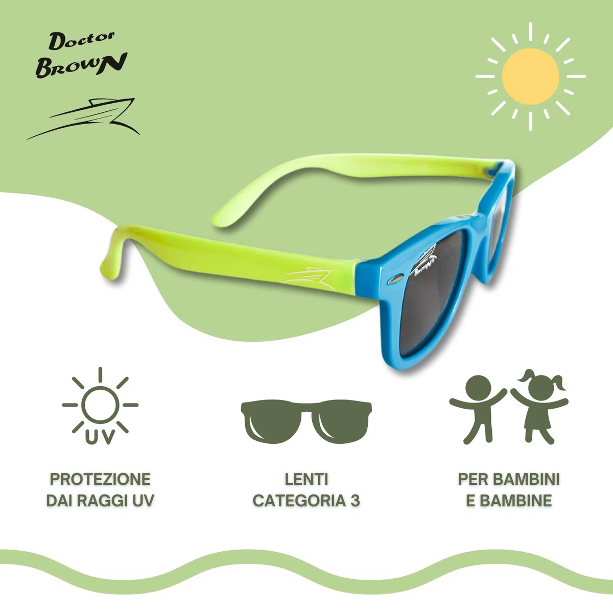 Doctor Brown - Occhiali da Sole per Bambini con Montatura Super Flessibile - Idea regalo adatta a Bambini e Bambine di 3/8 anni - Lenti con filtro scuro di categoria 3 (BLU/VERDE lenti GRIGIE)
