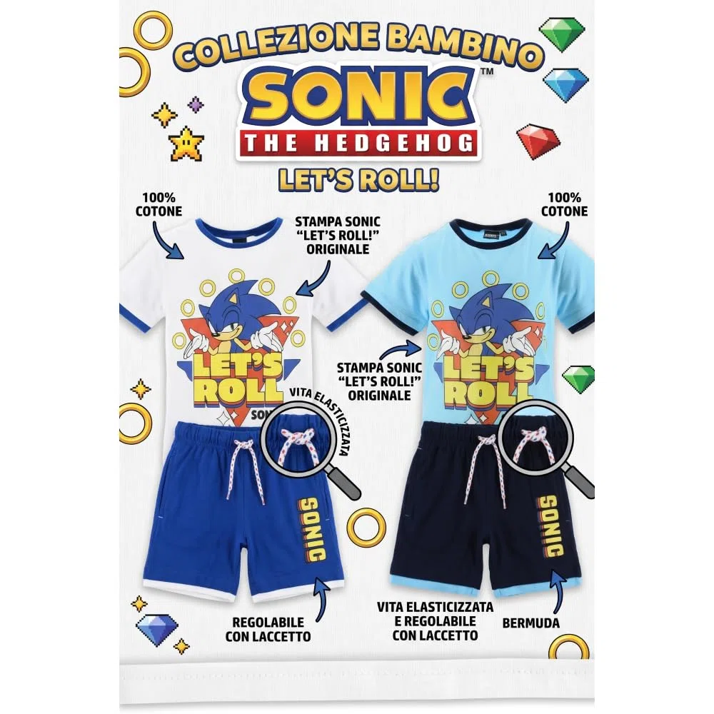 SUN CITY Sonic Completo Bambino Estivo in Cotone con T-Shirt e Bermuda Outfit Sonic The Hedgehog Casual