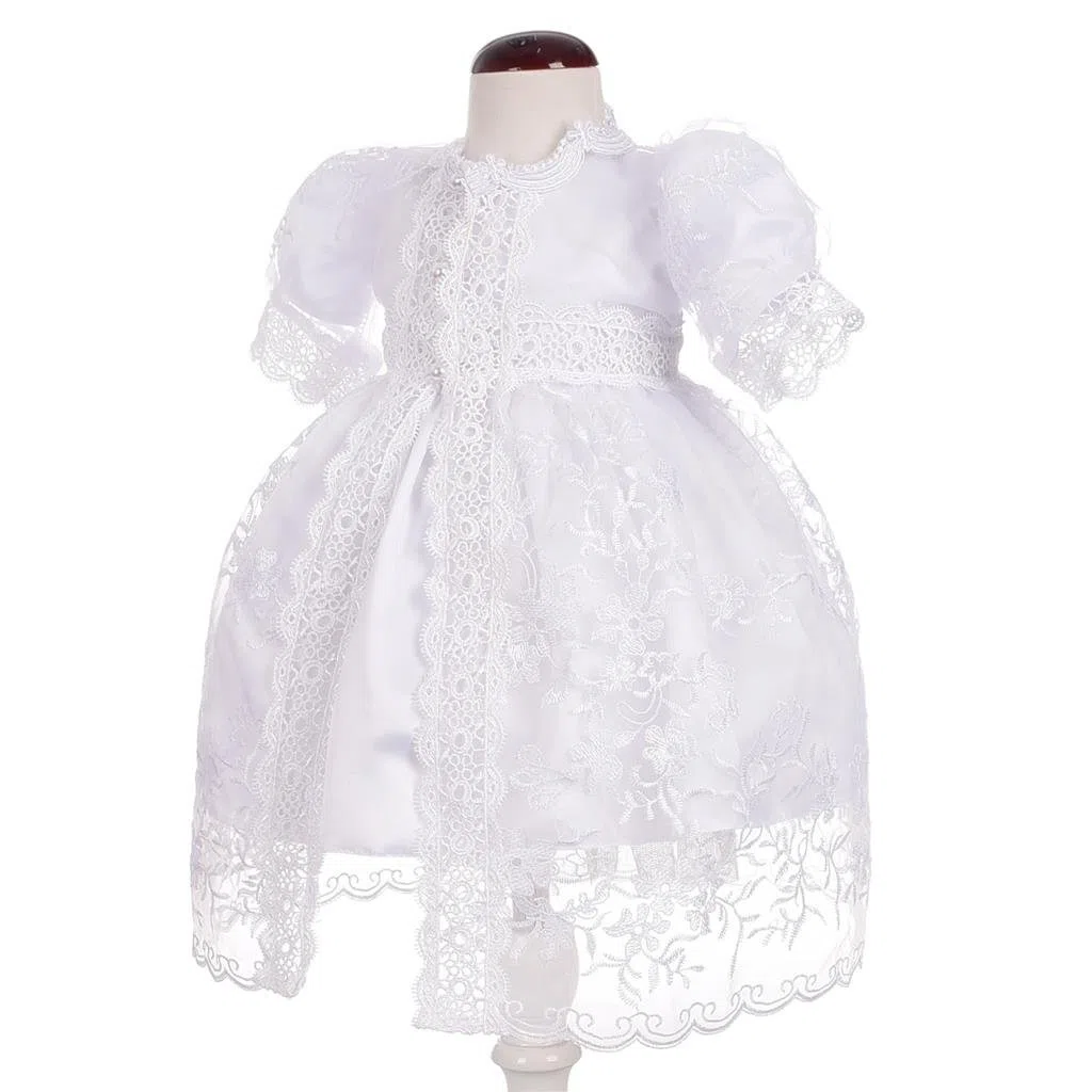 Lito Angels - Abito da Battesimo con Pizzo e Strass, Vestito Bianco con Mantella e Cappello per Bimba