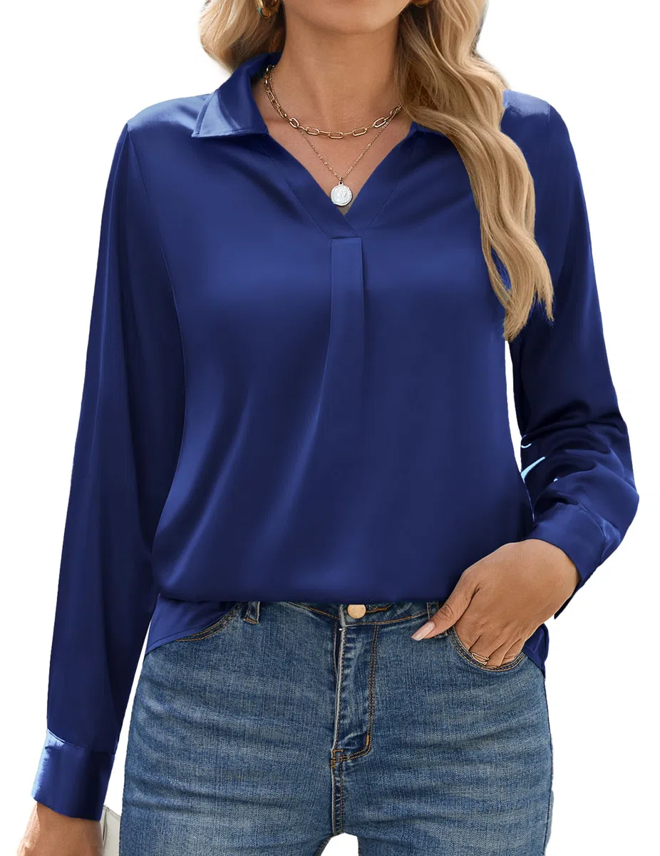 Zeagoo Camicia da donna in raso, a maniche lunghe, elegante, con scollo a V, in seta, a maniche lunghe, tinta unita