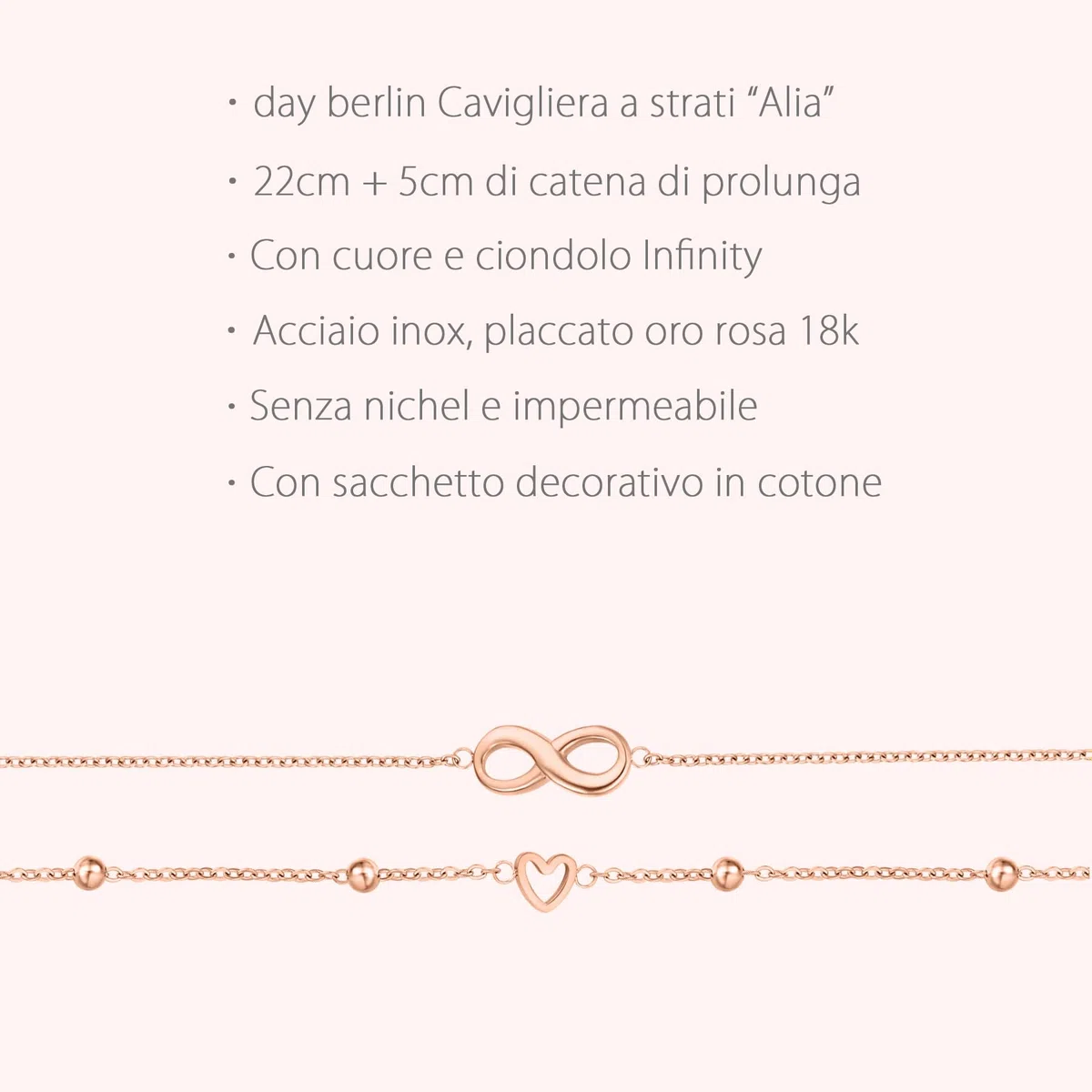 day.berlin cavigliera Alia da donna placcata oro 18k, doppio filo con cuore e simbolo dell'infinito, 22+5cm regolabile, acciaio inox 316L, senza nichel e resistente all'acqua