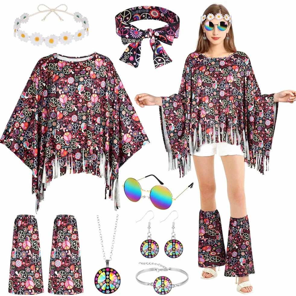 AOOWU Costume Hippie Donna, 10 Pezzi Stile Vintage Anni 60 Anni 70 Hippie Accessori, con Occhiali Fascia per Capelli Anni con Copristivali, Costume Carnevale Halloween