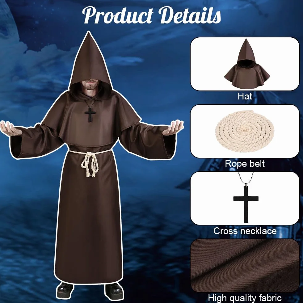 Aomig Costume da Monaco, Monaco Sacerdote Accappatoio Frate Medieval Rinascimentale, Cosplay Costume Robe Adulto Mantello, Abito da Mago Costume da Prete con Collana a Croce per Halloween Carnevale