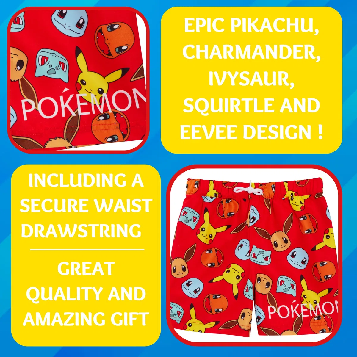 Pokémon Pantaloncini da Bagno Ragazzi Pantaloncini da Bagno per Bambini Pikachu Trunks con Coulisse in Vita Pantaloncini da Piscina per Spiaggia