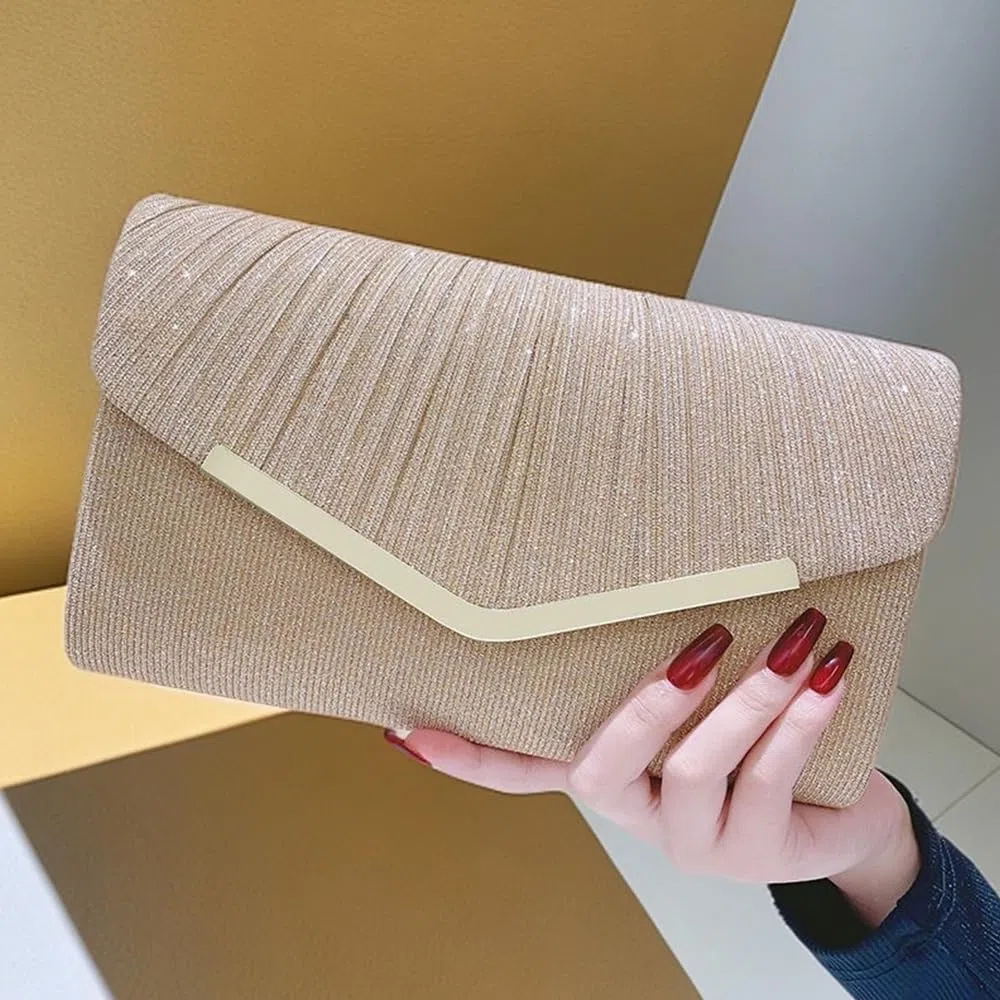 Pochette Donna Elegante Brillantinata Borsa da Sera Classica Moda Clutch con Catena Staccabile per Eventi Festa Matrimonio(Champagne)