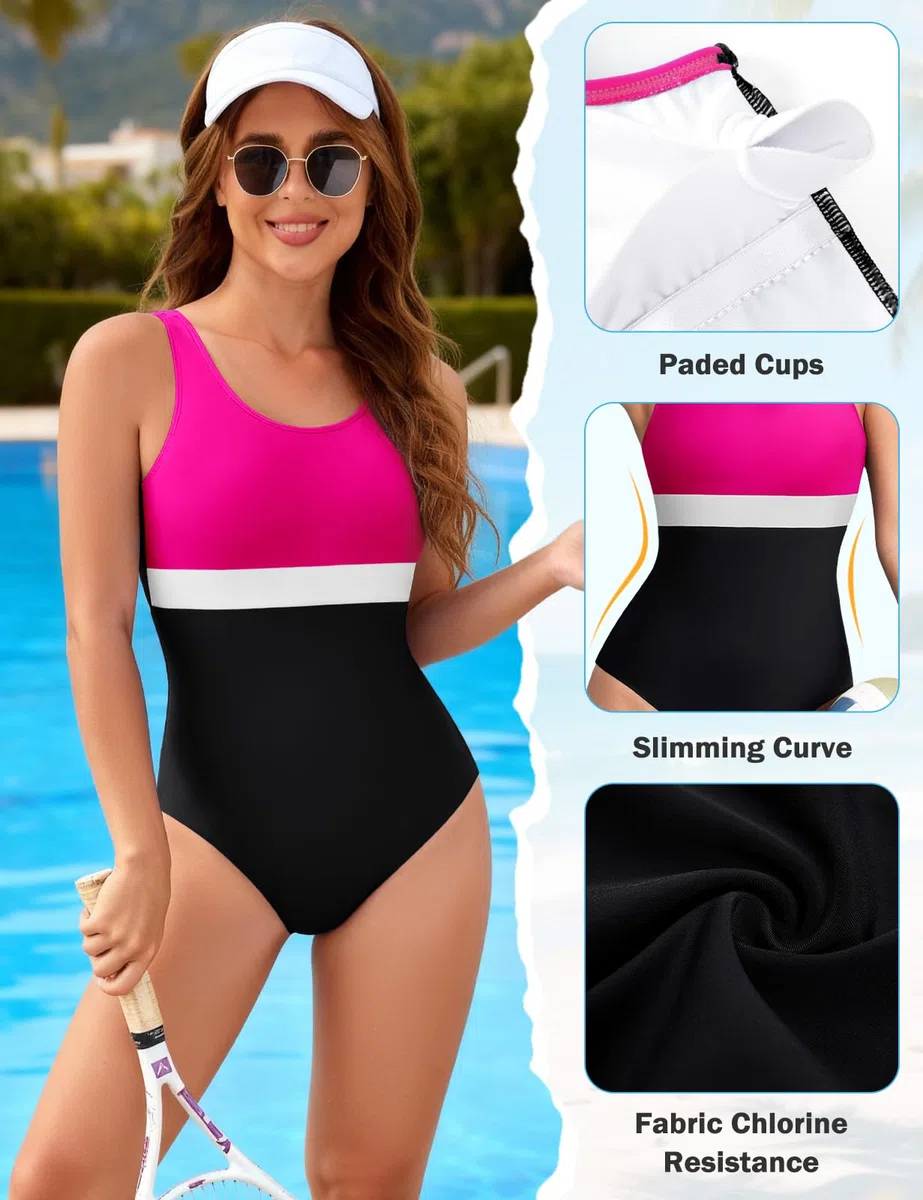 Costume Intero da Bagno Donna Sportivo con Coppe Addominali Contenitivo Resistenza al Cloro per Sport Acquatici Moda Spiaggia