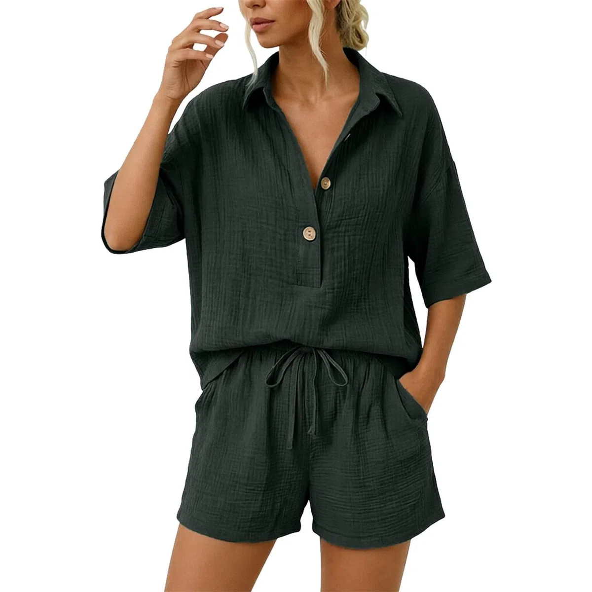 Generico Tuta Donna Completa in Lino e Cotone 2 Pezzi Completo Elegante con Maglia Manica Corta Pantaloncini, Leggera Confortevole Lino Tuta Donna Sportiva con Tasche per Spiaggia Vacanza