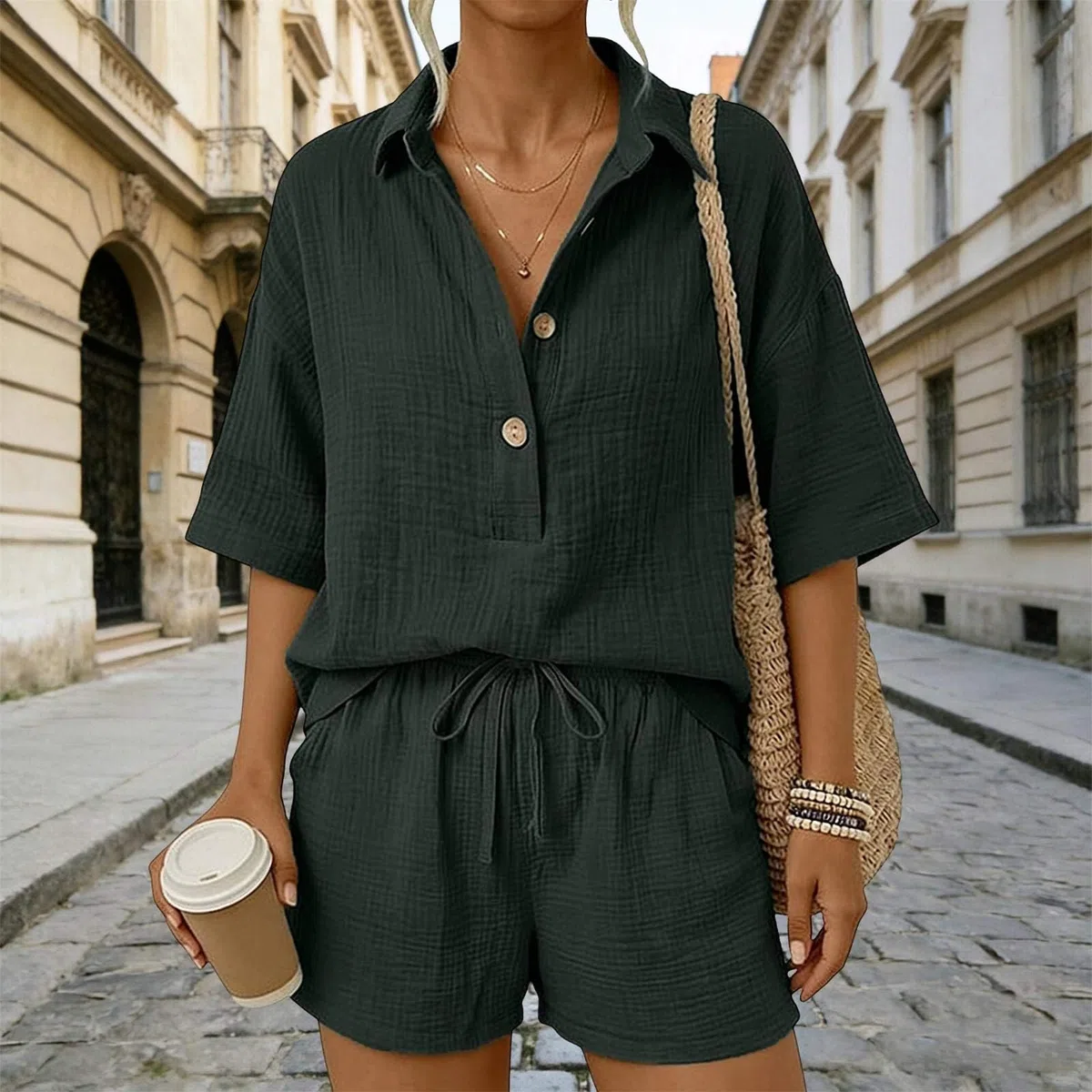 Generico Tuta Donna Completa in Lino e Cotone 2 Pezzi Completo Elegante con Maglia Manica Corta Pantaloncini, Leggera Confortevole Lino Tuta Donna Sportiva con Tasche per Spiaggia Vacanza