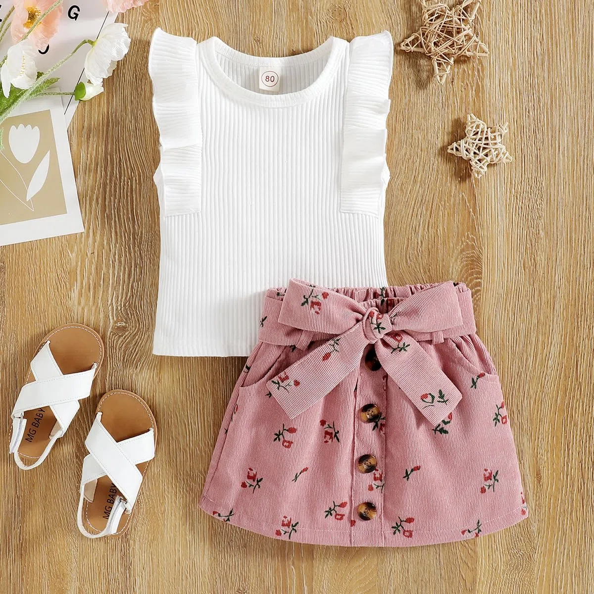 Abbigliamento Bambina Vestito Set Senza Maniche con Volant Top + Minigonna con Fiocco e Bottoni 2 Pezzi Ragazze Estate Vestiti Outfit