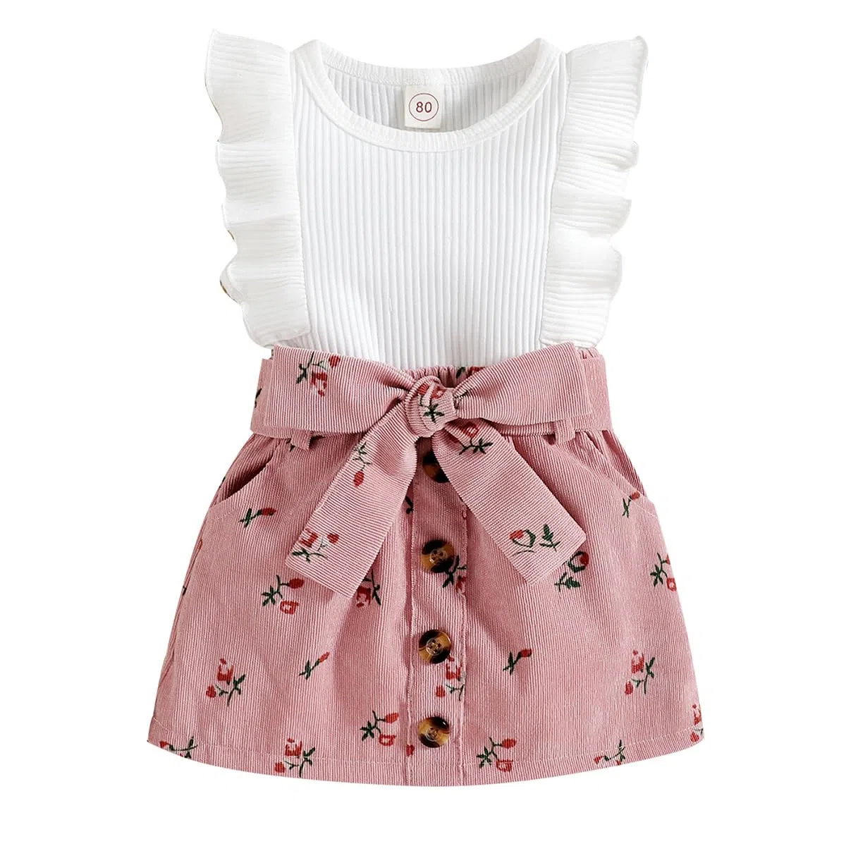 Abbigliamento Bambina Vestito Set Senza Maniche con Volant Top + Minigonna con Fiocco e Bottoni 2 Pezzi Ragazze Estate Vestiti Outfit