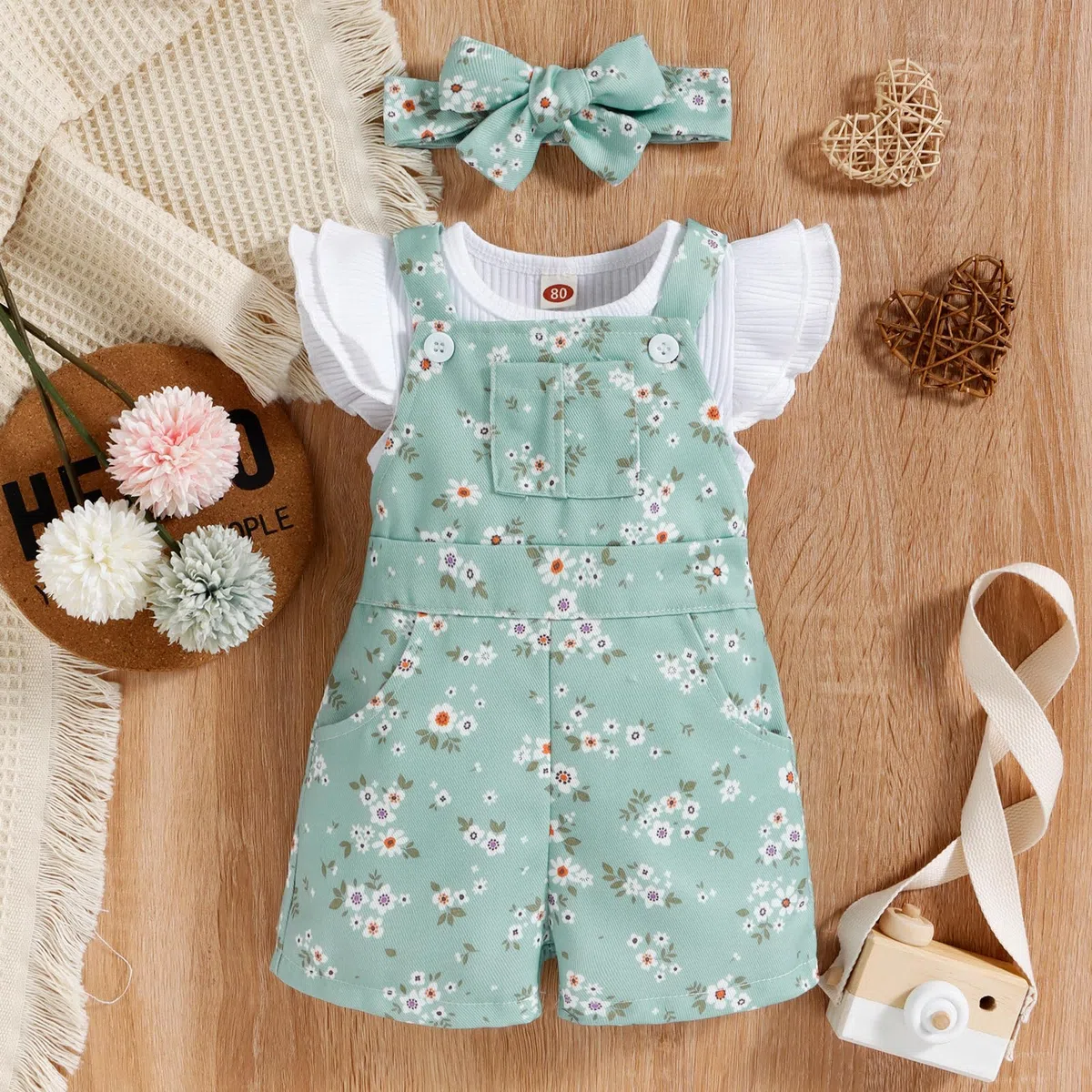 Abiti Neonata Top Senza Maniche a Coste Pantaloncini con Bretelle e Fiori Tasche set di Vestiti Neonata